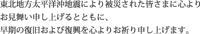 東北地方太平洋沖地震により被災された皆さまに心よりお見舞い申し上げるとともに、早期の復旧および復興を心よりお祈り申し上げます。